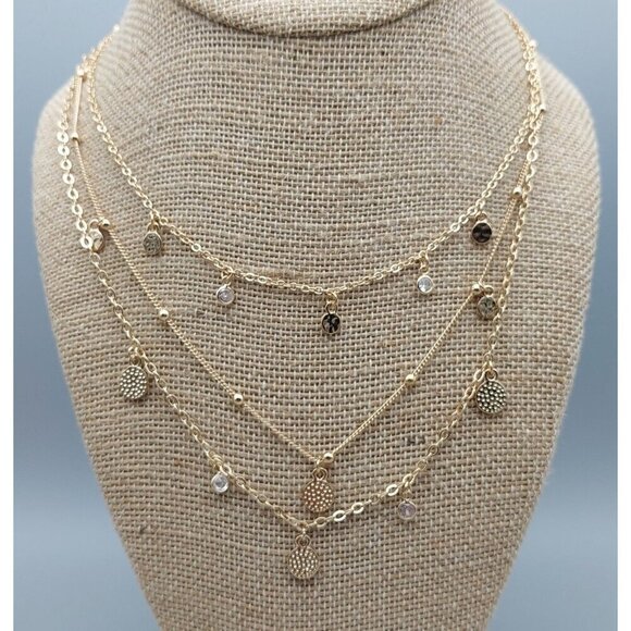 Ettika Layered Pendant Necklace in Gold Tone Saturn Chain Discs Crystals 15" Lon - Picture 1 of 9